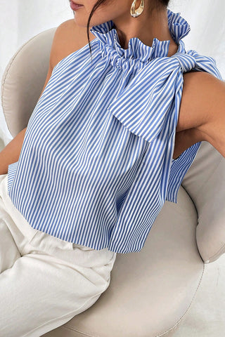 Sky Blue Tied Knot Frilled Collar Sleeveless Top