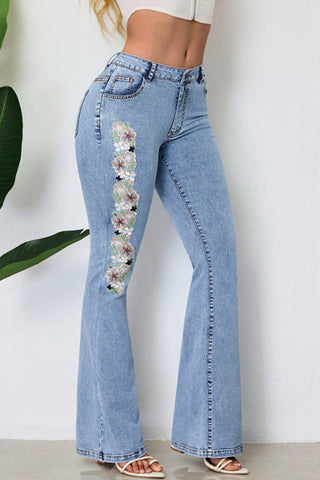 Floral Detail Flare Jeans