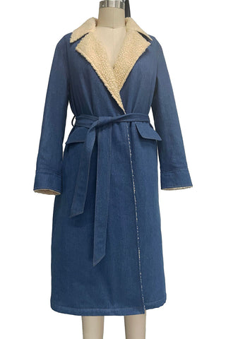 Belted Denim Coat with Plush Trim