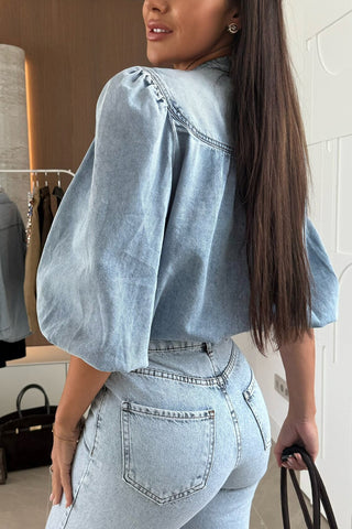 Button-Front Puff Sleeve Denim Blouse