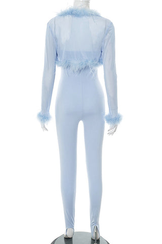 Feather Trim Off-Shoulder Jumpsuit