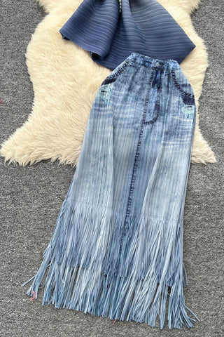 Pleated Top and Fringed Skirt Set