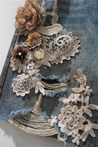 Floral Lace Embellished Denim Shorts
