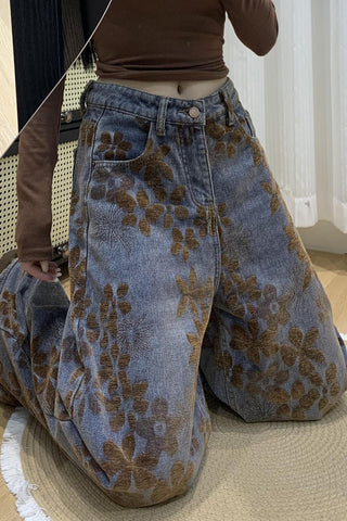 Floral Pattern Wide Leg Denim Jeans