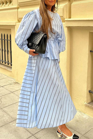 Striped Belted Skirt Set with Long Sleeves