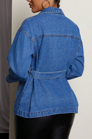 Belted Denim Jacket with Deep V-Neck