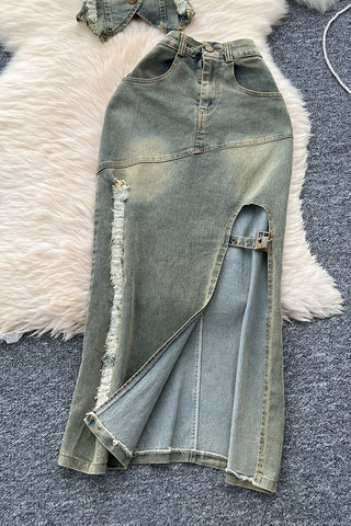 Button-Up Skirt Set with Stylish Vest