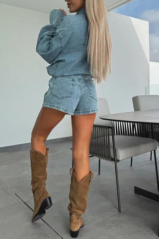 Button-Front Denim Casual Skirt Set