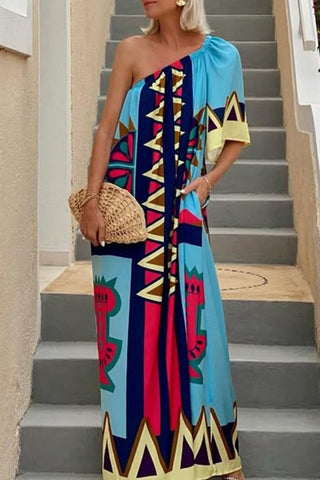 One-Shoulder Geometric Vacation Dress