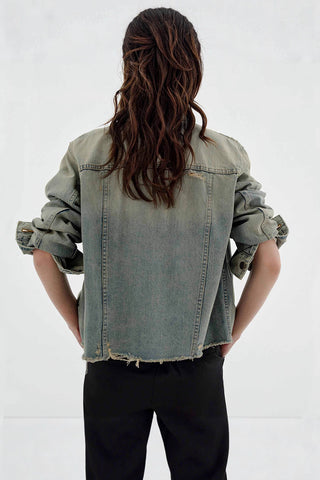 Distressed Denim Jacket with Button Closure