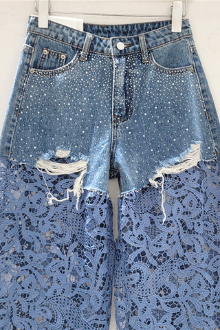 Lace-Overlay Distressed Wide Leg Jeans