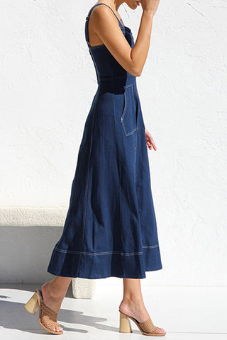Button-Front Denim Midi Dress