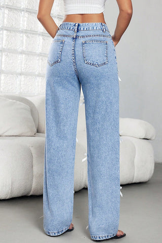 Bow-Accent Straight-Leg Jeans
