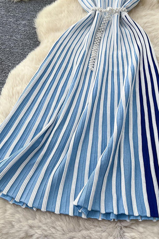 Striped V-Neck Belted Dress