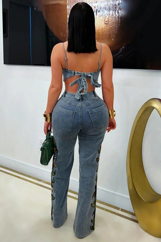 Tropical Print Denim Pants Set