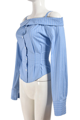 Off-Shoulder Striped Button-Down Top