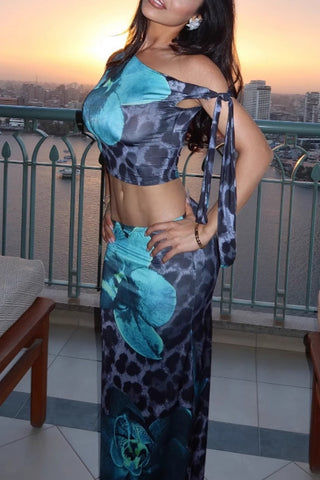 One-Shoulder Leopard Print Skirt Set