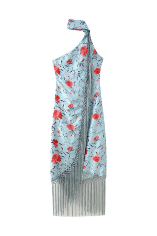 Fringe Hem Floral Asymmetric Dress