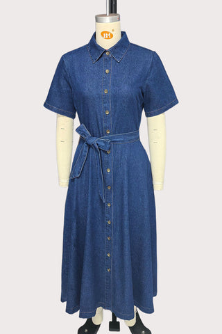 Belted Button-Front Denim Dress