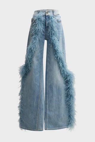 Feather-Trim Straight Leg Denim Jeans