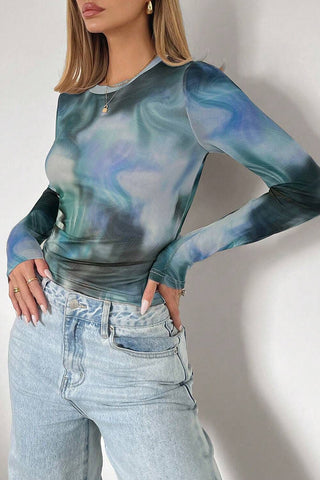 Abstract Print Long Sleeve Mesh Top
