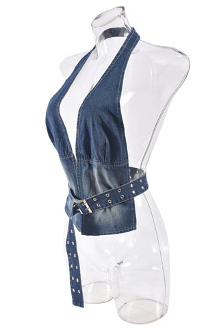 Halter Neck Denim Top with Studded Belt