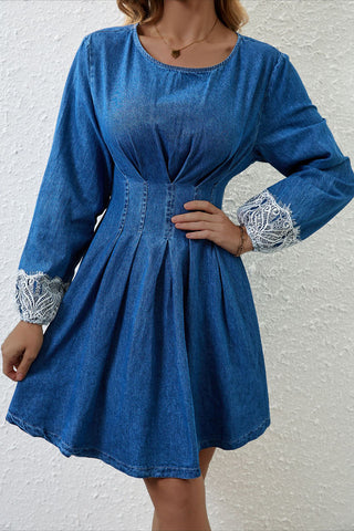 Elegant Denim Dress with Lace Cuffs