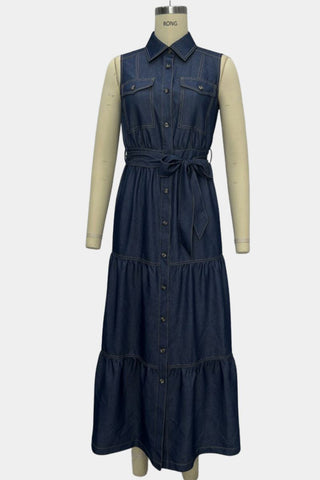 Sleeveless Button-Down Denim Maxi Dress