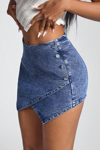 Button-Detail Denim Mini Skirt