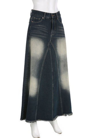 Flared Denim Skirt with Frayed Hem