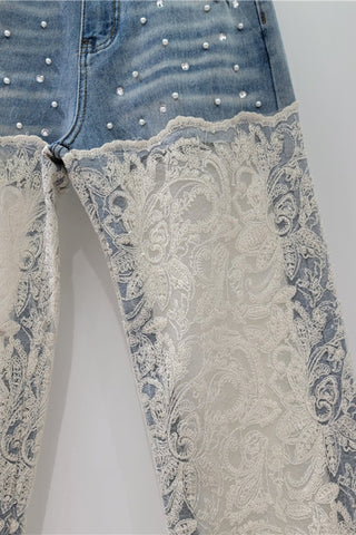 Lace Overlay Straight Jeans