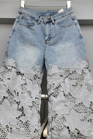 Lace-Panel Straight Denim Jeans
