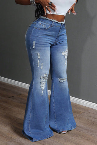 Distressed Flare Jeans with Raw Hem