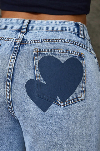 Wide Leg Heart Pattern Jeans