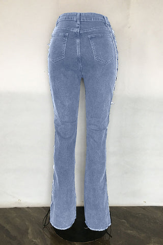 Distressed Lace-Up Straight Jeans