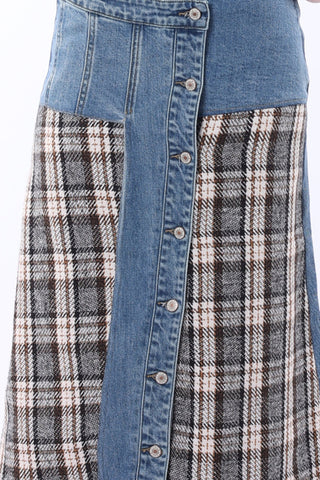 Buttoned Denim and Plaid Midi Skirt