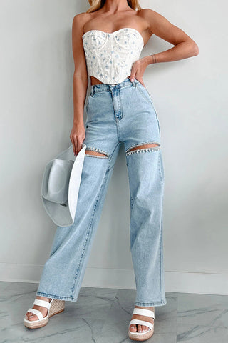 Distressed Wide-Leg Denim Pants