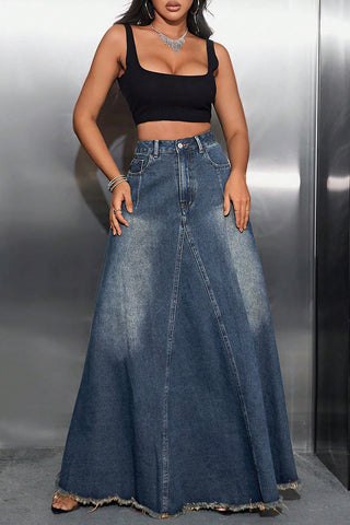 Distressed Hem Denim Maxi Skirt