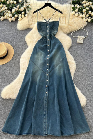 Strappy Button-Front Denim Dress