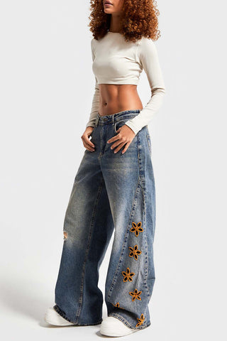 Floral Detail Wide Leg Jeans