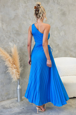 One-Shoulder Cutout Pleated Midi Dress