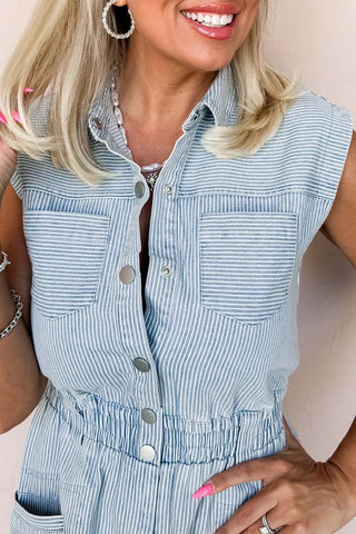 Stripe Button-Front Sleeveless Mini Dress