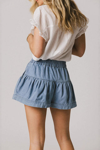 Button-Front Tiered Denim Shorts