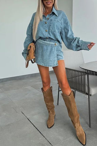Button-Up Denim Short Set with Modern Style