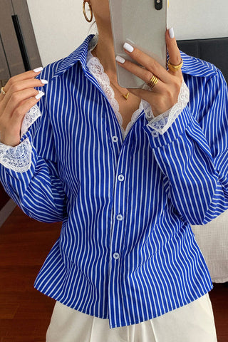Striped Button-Up Blouse with Lace Trim