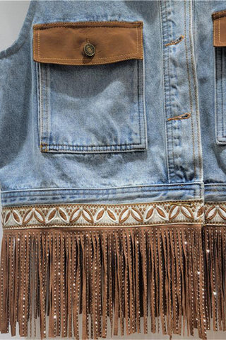 Fringe-Accent Denim Vest