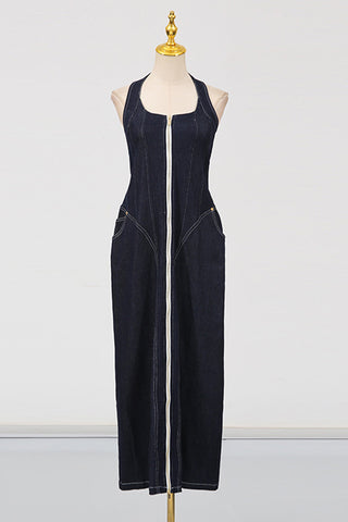Zip-Front Denim Halter Dress