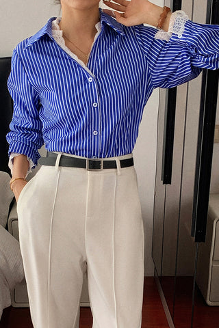 Striped Lace-Trim Button-Up Blouse