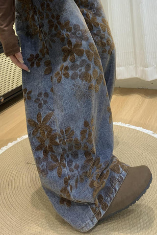 Floral Pattern Wide Leg Denim Jeans