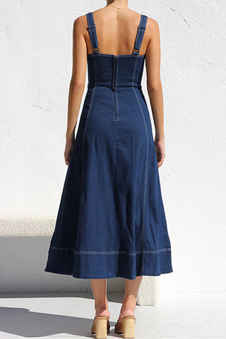 Button-Front Denim Midi Dress
